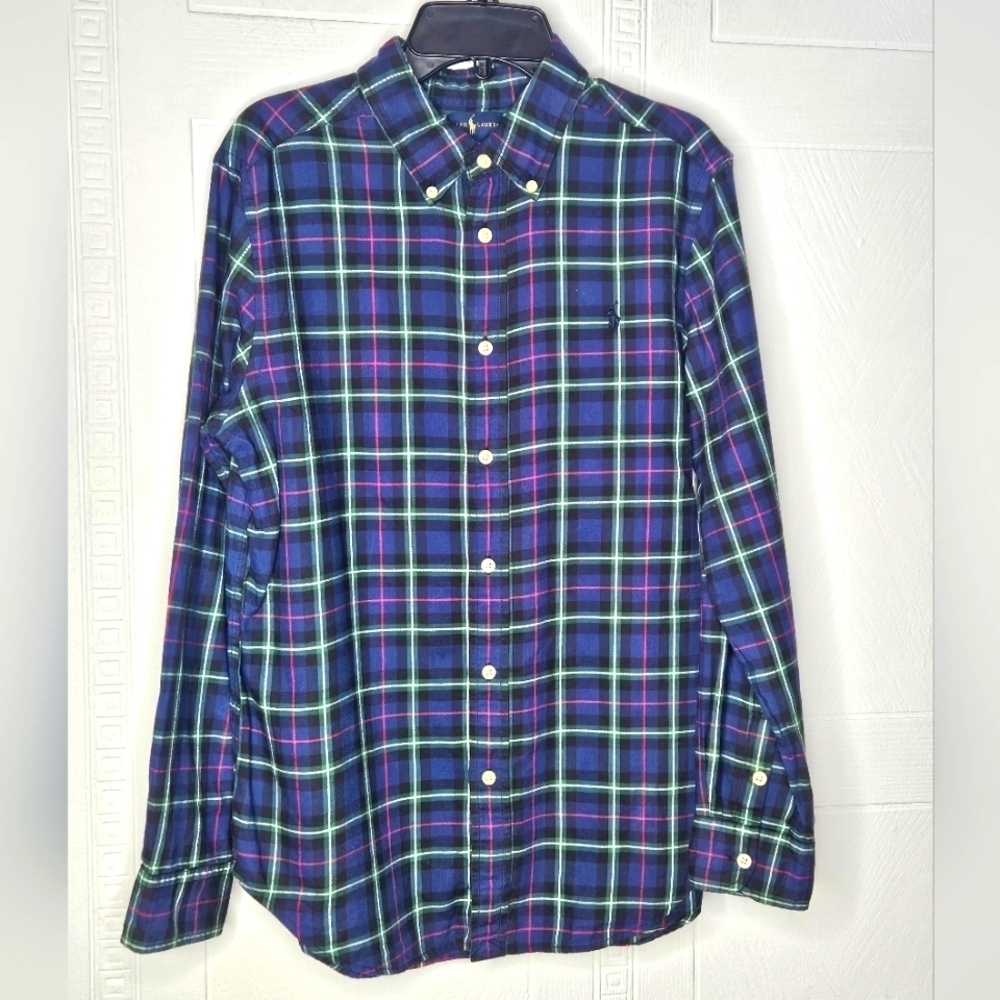 Ralph Lauren Boy Tartan Plaid Button Down Long Sleeve Shirt Navy L (14-16)